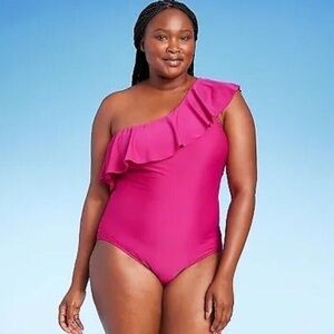 🎆 Kona Sol One-Shoulder Hot Pink Swimsuit 17 XL Plus size ruffle full coverage